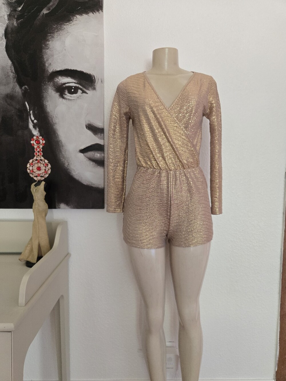 NWT Womens Charlotte Russe Women's Gold Metallic Long-Sleeve Wrap Romper Size S